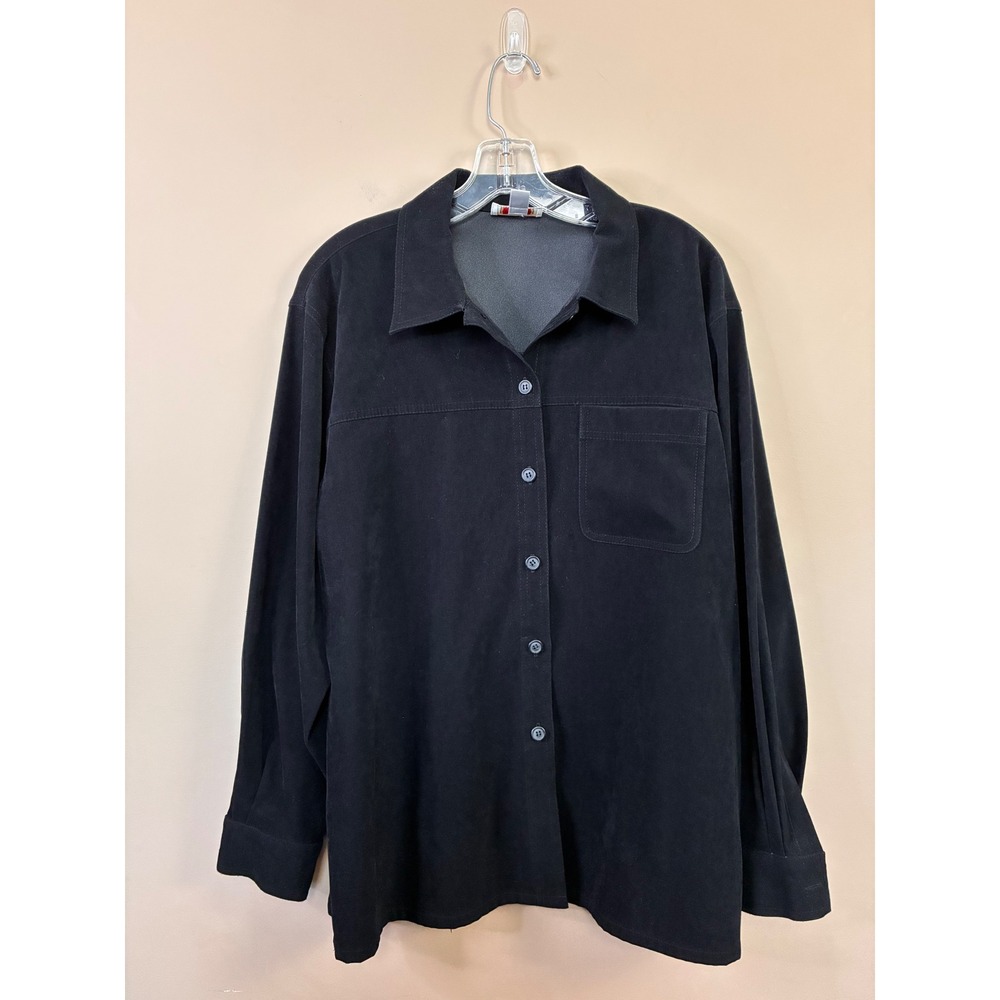 Talbots Womens Medium Black Faux Suede Button Down Long Sleeve Shirt Stretch